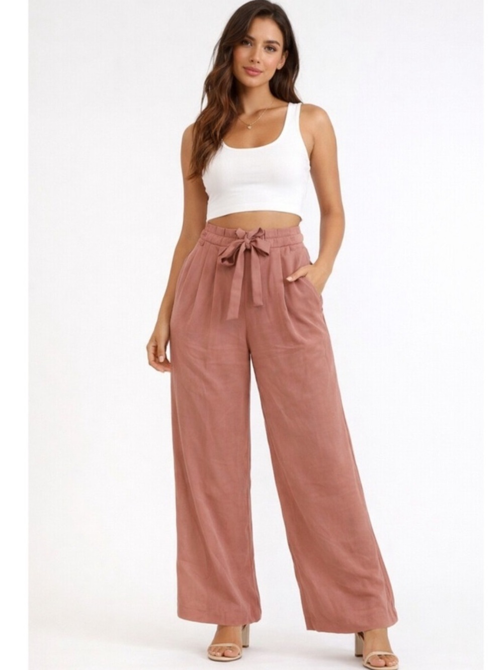 Zara Pants Womens XS Pink Tie Waist‎ Paperbag Smocked Wide Leg